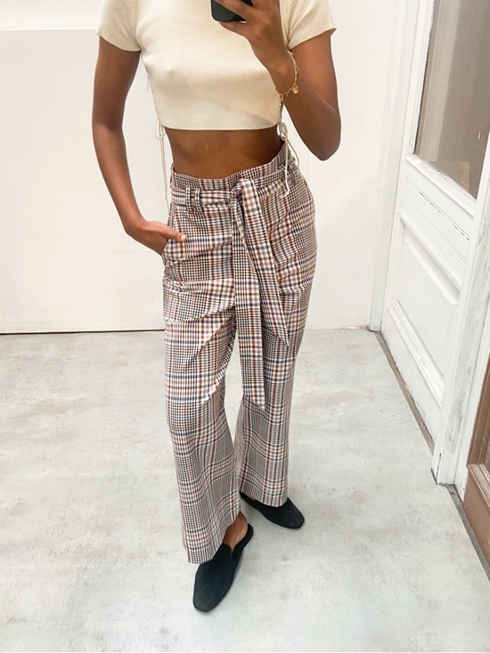 H&M Pants - H&M Checked Tie-Waist Wide Leg Pants - Beige Plaid